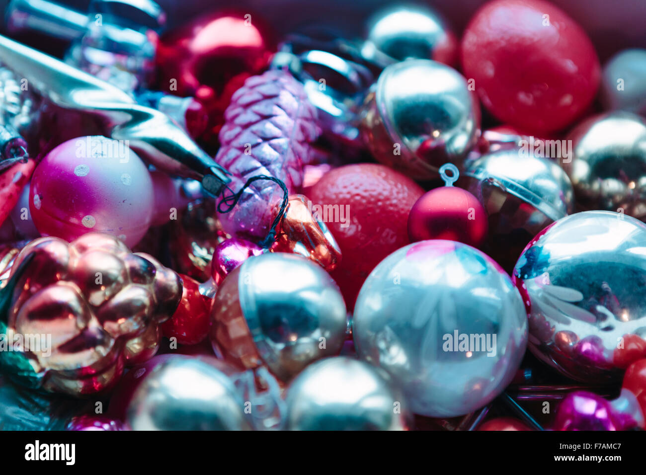 Many beautiful christmas or new year fir tree decoration colorful toys. Stock Photo