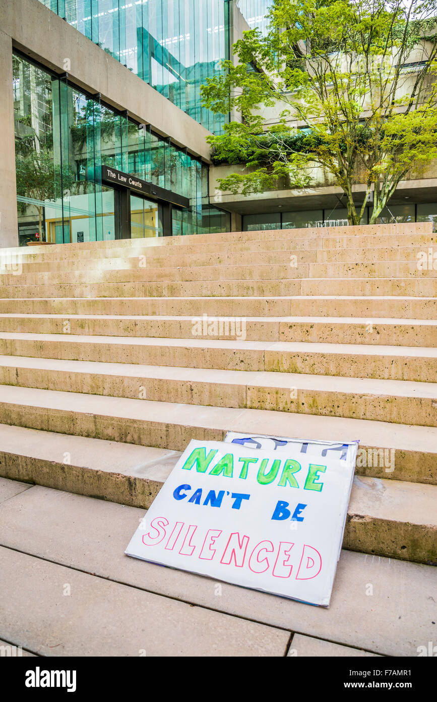 Nature can't be silenced placard sign, left on steps outside the Provincial Law Courts, Vancouver, British Columbia, Canada Stock Photo