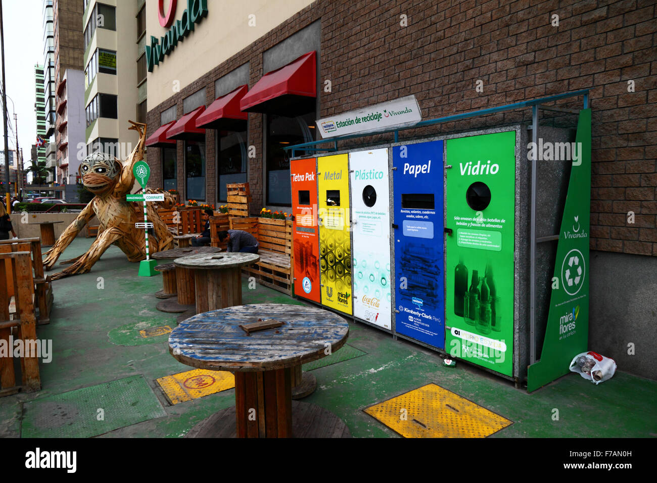 Recycling bins for domestic waste outside Vivanda supermarket, Miraflores, Lima, Peru Stock Photo