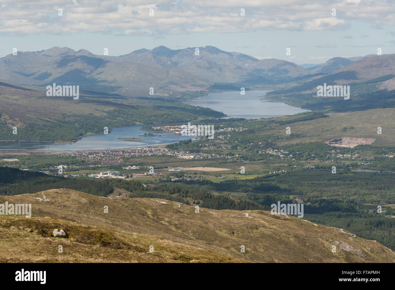 Nevis Range Mountain Experience - view of Fort William, Loch Eil and Loch Linnhe in the Scottish Highlands Stock Photo