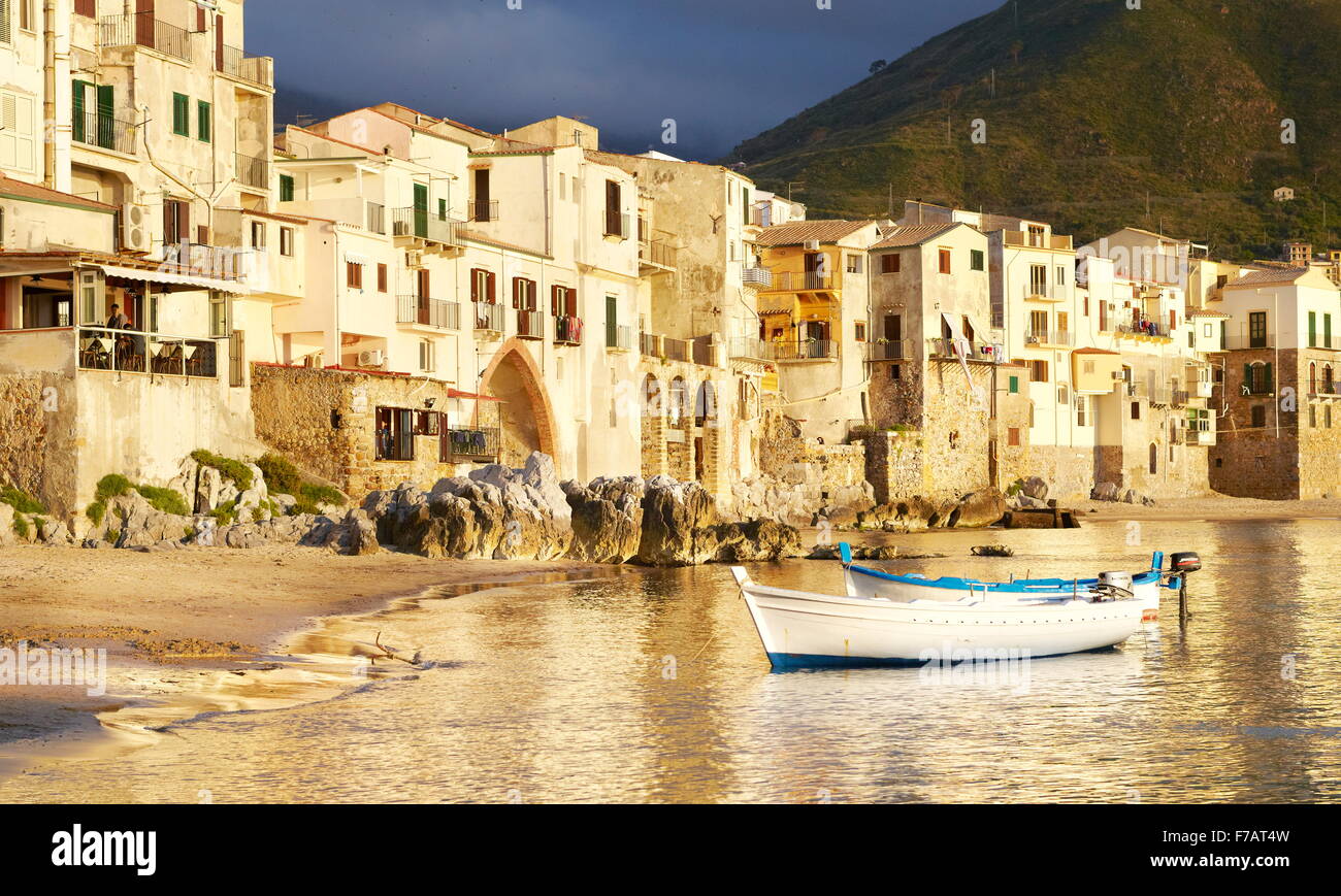 Sicily Island - Medieval houses on the seashore, Cefalu, Sicily, Italy Stock Photo