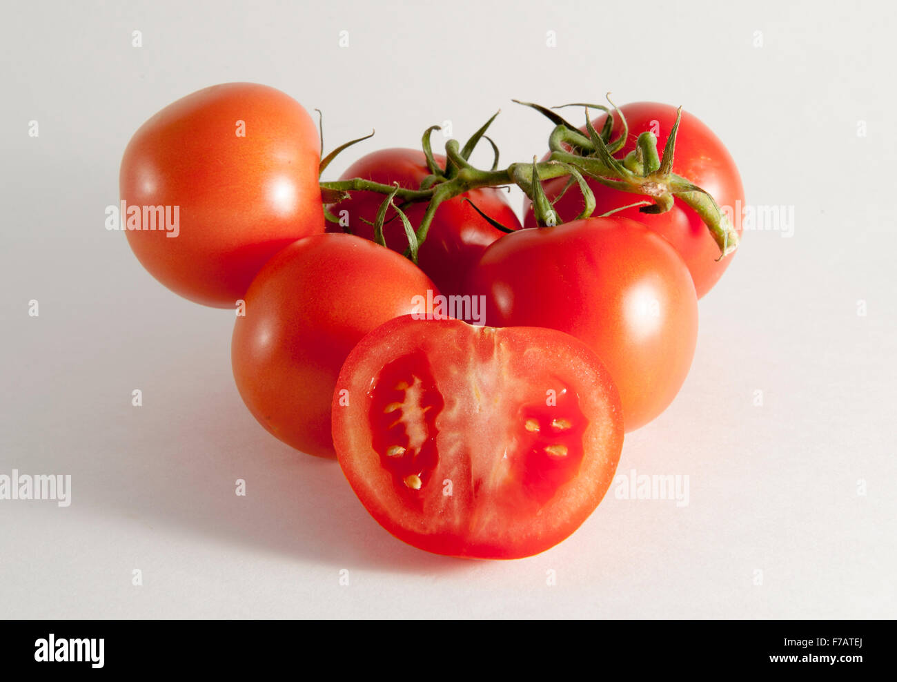 Tomatoes on the vine against a white background Stock Photo - Alamy