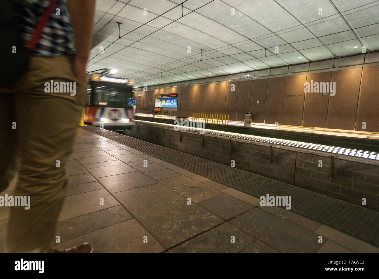 St Louis, Missouri, USA subway rail station with illuminated sign