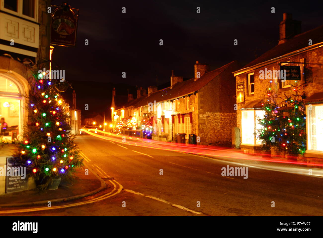 Christmas lights on the main street in Castleton village, Peak District National Park