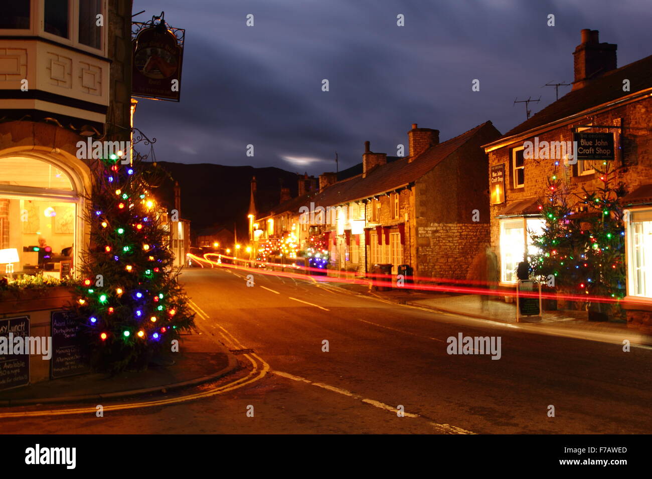 Christmas lights on the main street in Castleton village, Peak District
