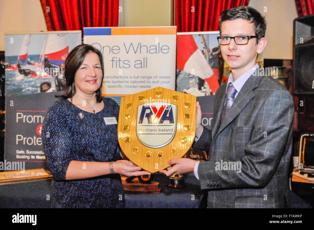 Belfast, Northern Ireland. 27 Nov 2015 - Finlay McLees (Ballyholme Yacht Club) receives Northern Ireland Young Powerboater of the year at the Royal Yacht Association Northern Ireland Annual Awards for 2015 Credit:  Stephen Barnes/Alamy Live News Stock Photo