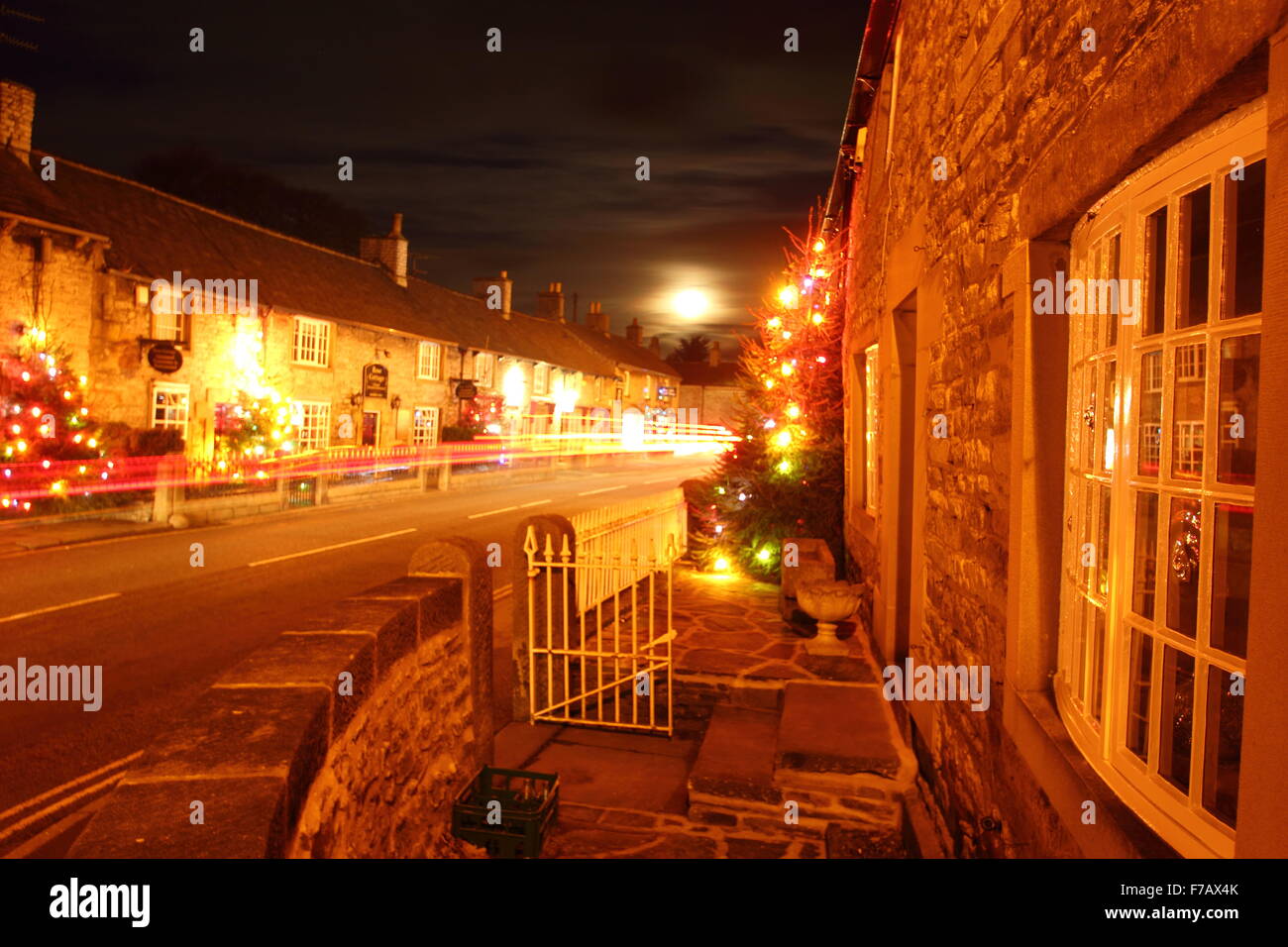 Christmas lights on the main street in Castleton village, Peak District