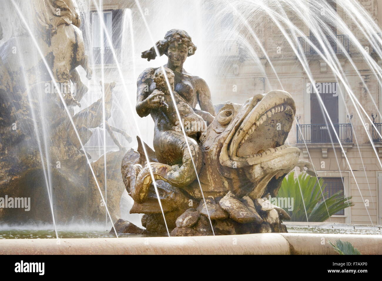 Diana fountain on the Archimede Square, Ortigia, Syracuse, Sicily, Italy UNESCO Stock Photo