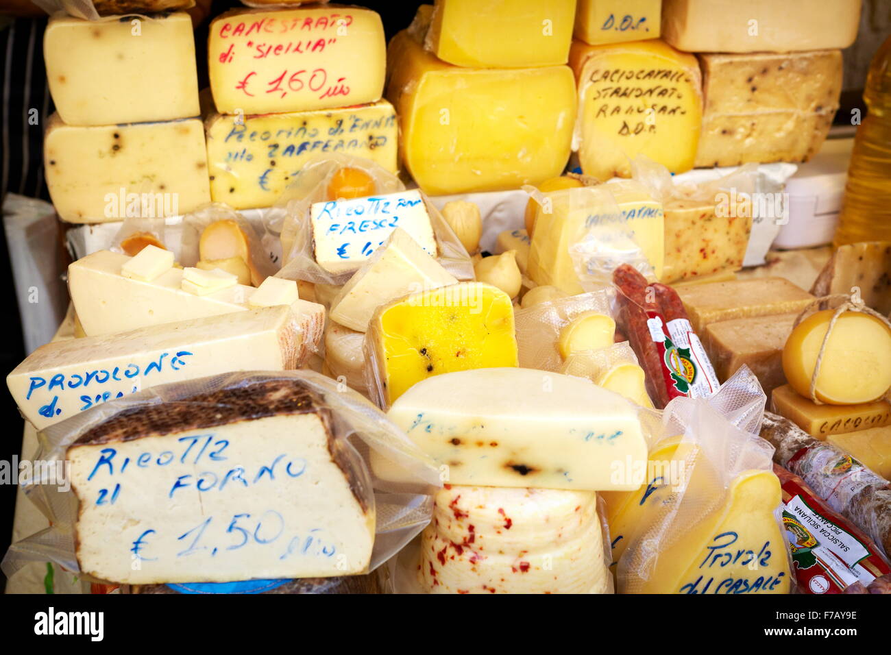 Sicilian cheese - many types of traditional sicilian cheeses, food market of Ortigia, Syracuse, Sicily, Italy Stock Photo