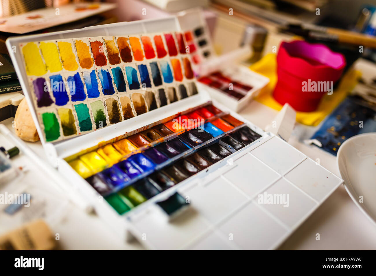 Box of watercolors on working artist table Stock Photo Alamy