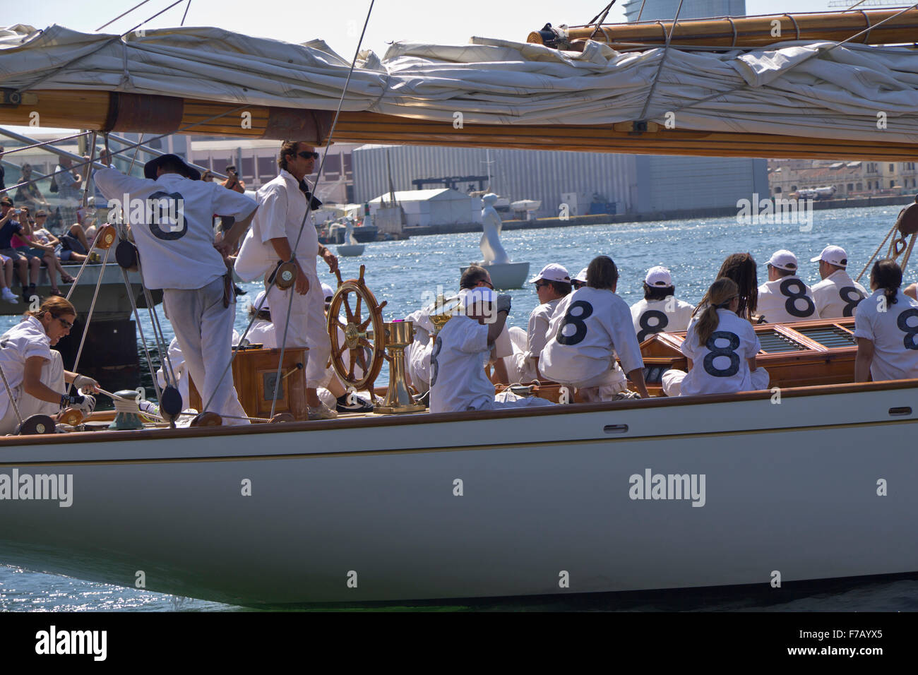 Sailing crew on the water in Barcelona Stock Photo Alamy