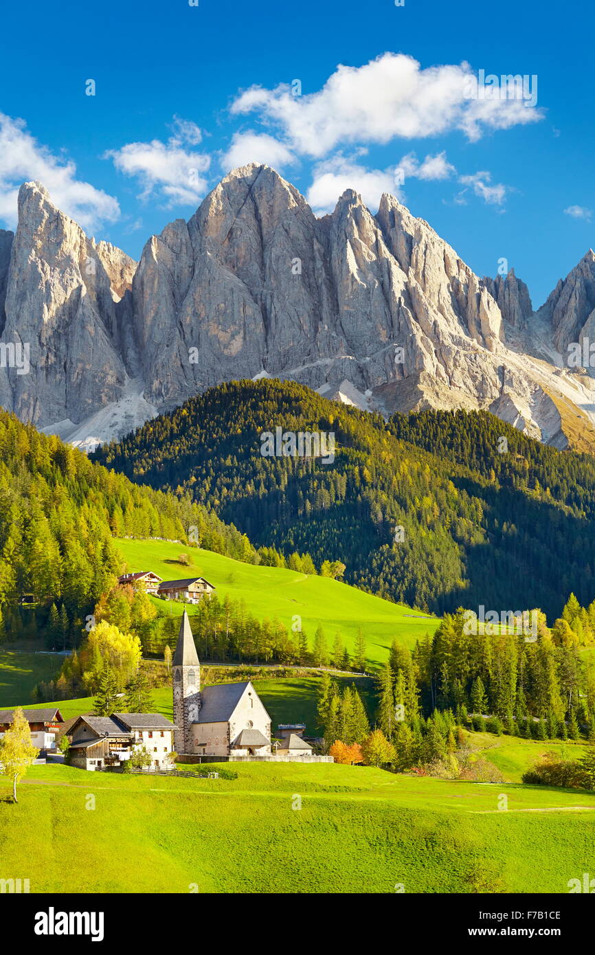 Small church in Santa Maddalena village, Dolomites Mountains, Tyrol, Italy Stock Photo