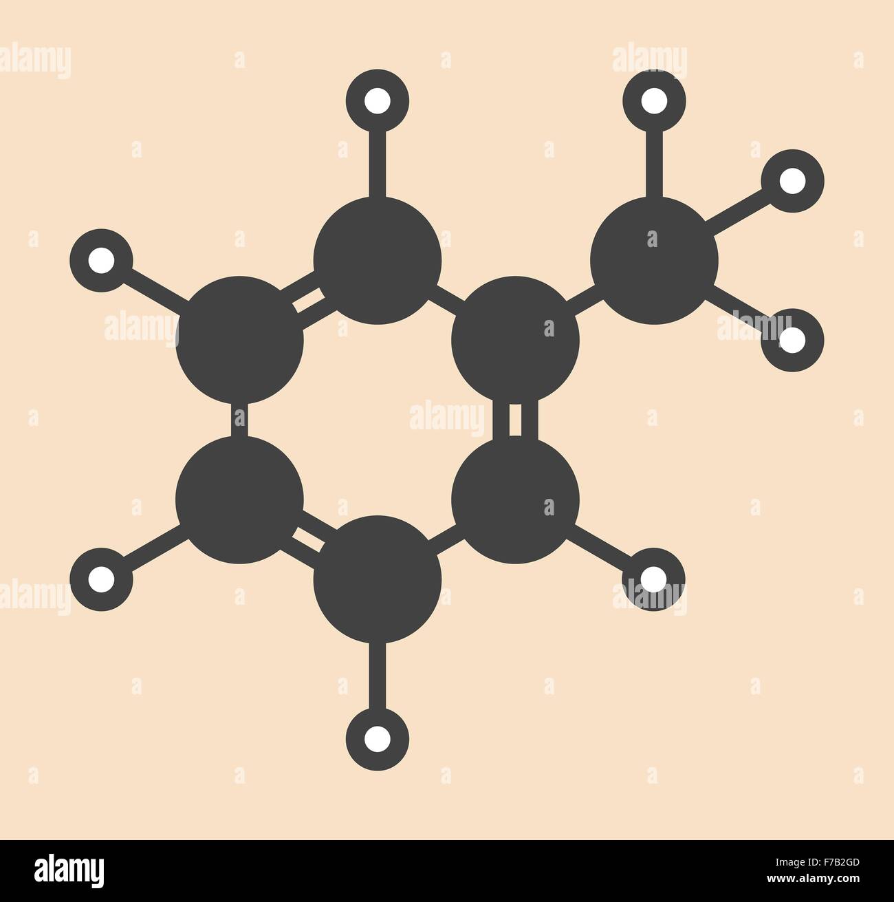 Toluene (methylbenzen, toluol) chemical solvent molecule. Stylized skeletal formula (chemical structure). Atoms are shown as Stock Photo