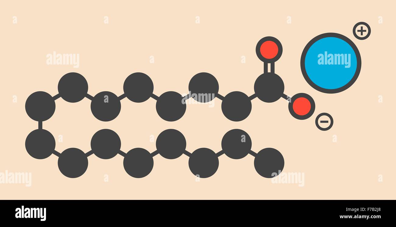 Sodium palmitate soap molecule. Prepared from palm oil by