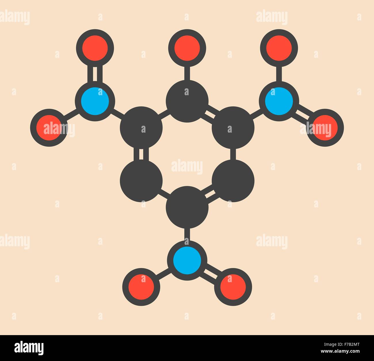 Picric acid (2,4,6-trinitrophenol) explosive molecule. Stylized skeletal formula (chemical structure). Atoms are shown as Stock Photo