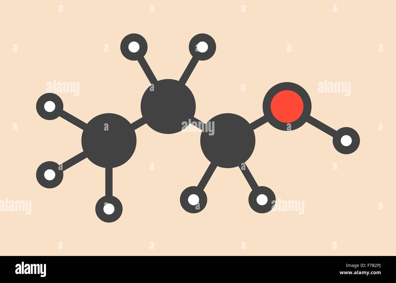 Propanol (n-propanol) solvent molecule. Stylized skeletal formula (chemical structure). Atoms are shown as color-coded circles: Stock Photo