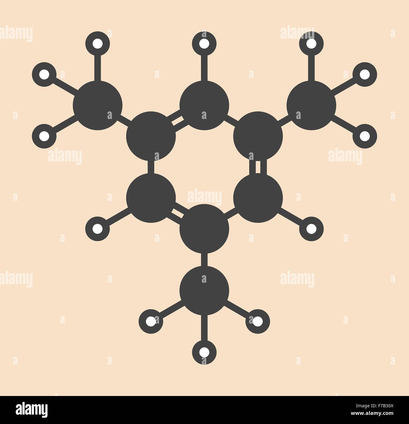 Mesitylene aromatic hydrocarbon molecule. Important solvent in chemical industry and volatile