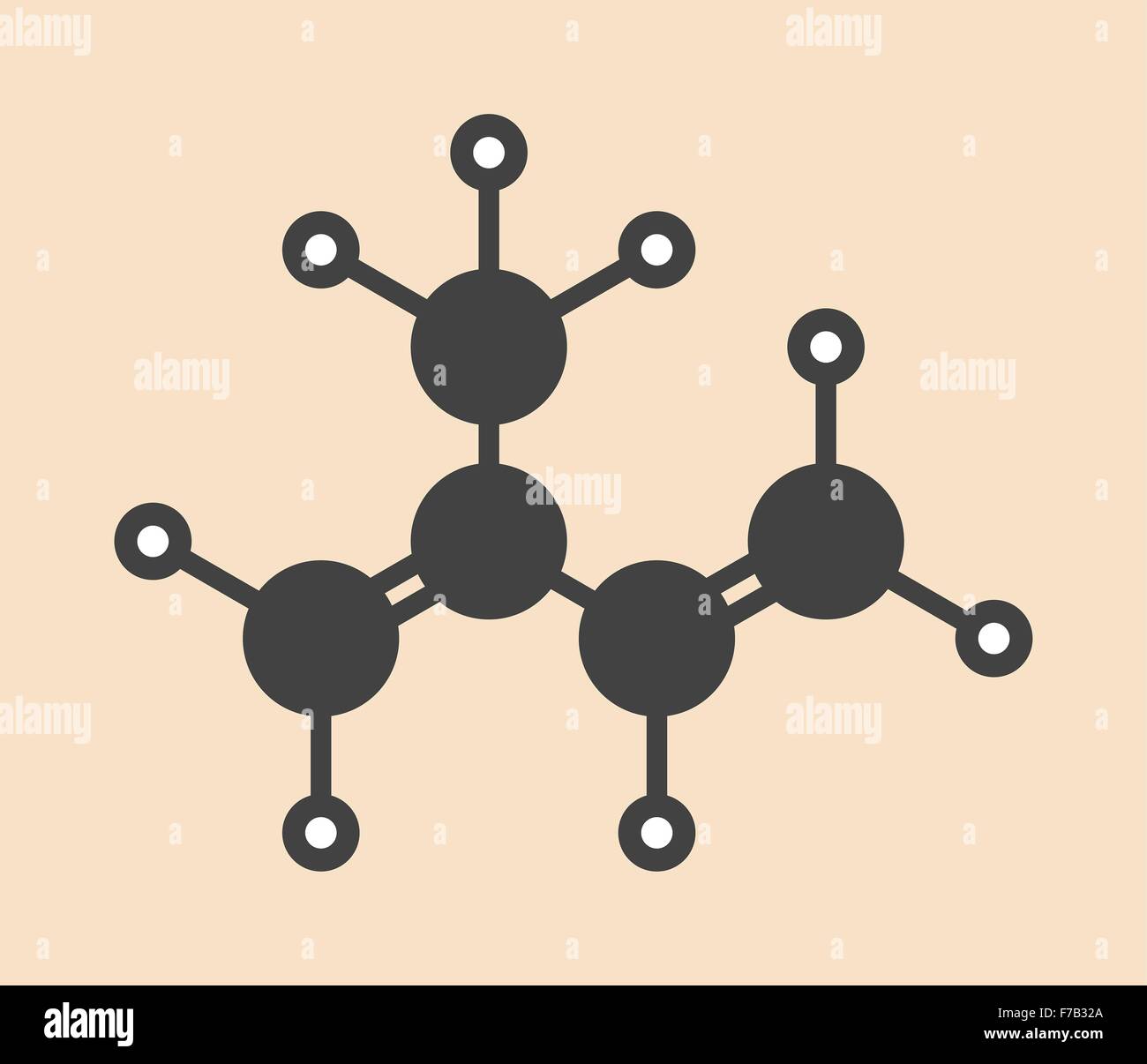 Isoprene, rubber (polyisoprene) building block (monomer). Stylized skeletal formula (chemical structure). Atoms are shown as Stock Photo