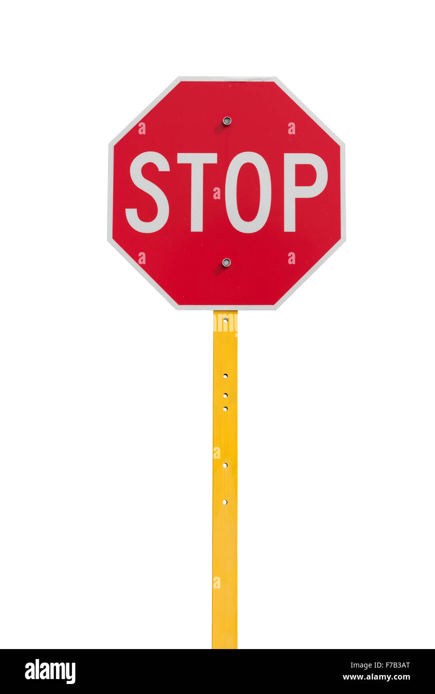 stop sign with reflective surface on yellow pole isolated on white