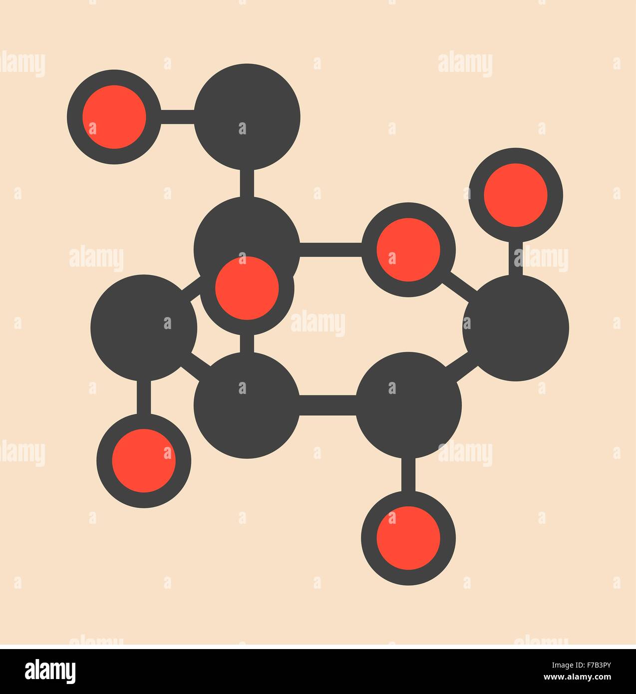 Glucose (dextrose, grape sugar) molecule (beta-D-glucopyranose form). Stylized skeletal formula (chemical structure). Atoms are Stock Photo