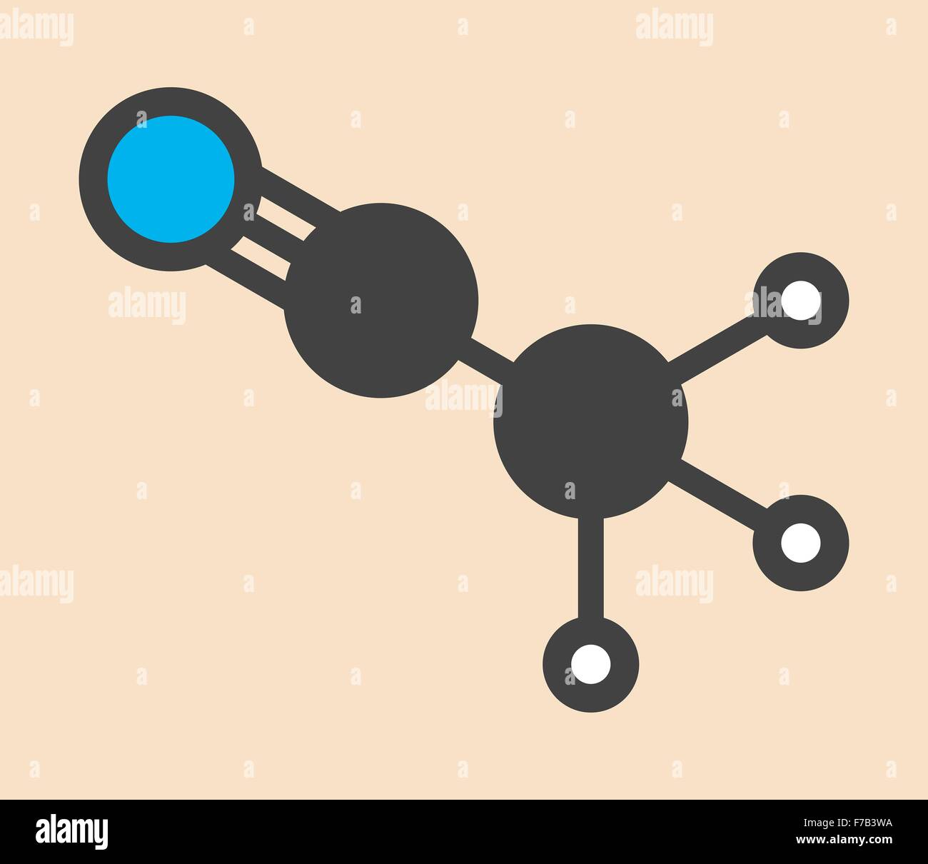 Acetonitrile chemical solvent molecule. Stylized skeletal formula (chemical structure). Atoms