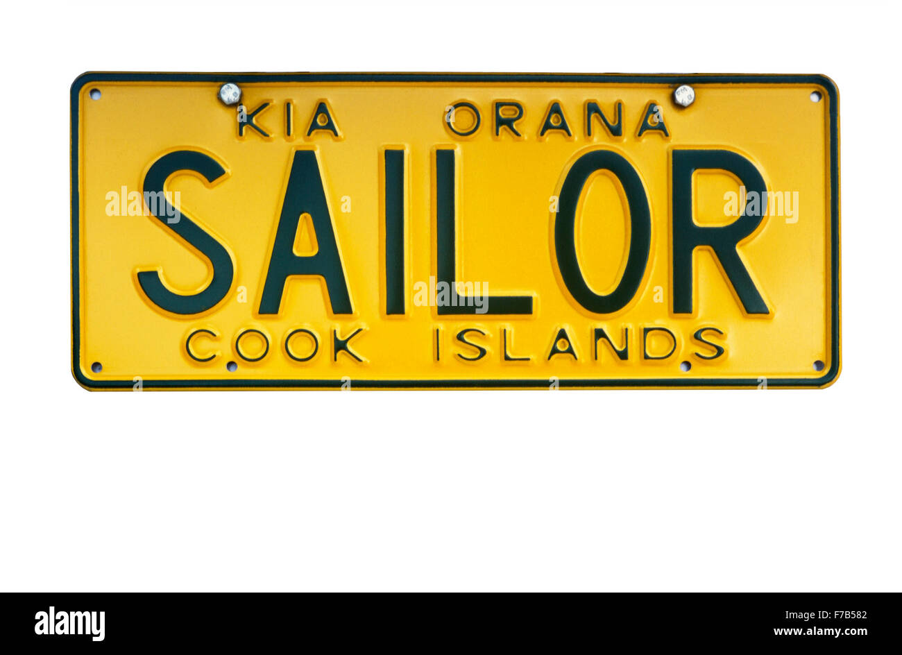 Cook Islands license plate with 'Kia Orana' a greeting in Maori language and license word sailor Stock Photo