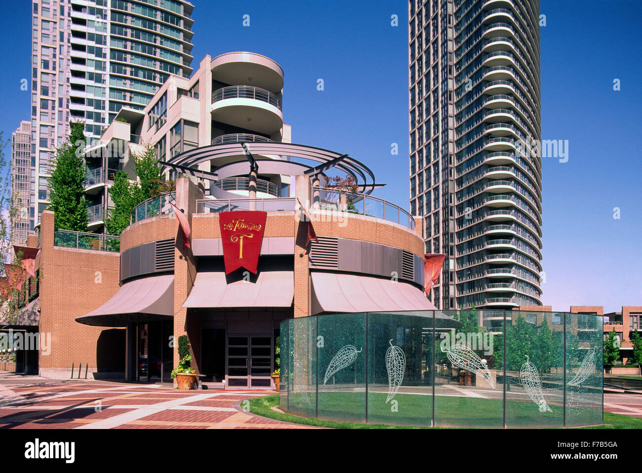 Yaletown, Vancouver, BC, British Columbia, Canada - Italian Restaurant and Highrise Condominium Buildings, Downtown City, Summer Stock Photo