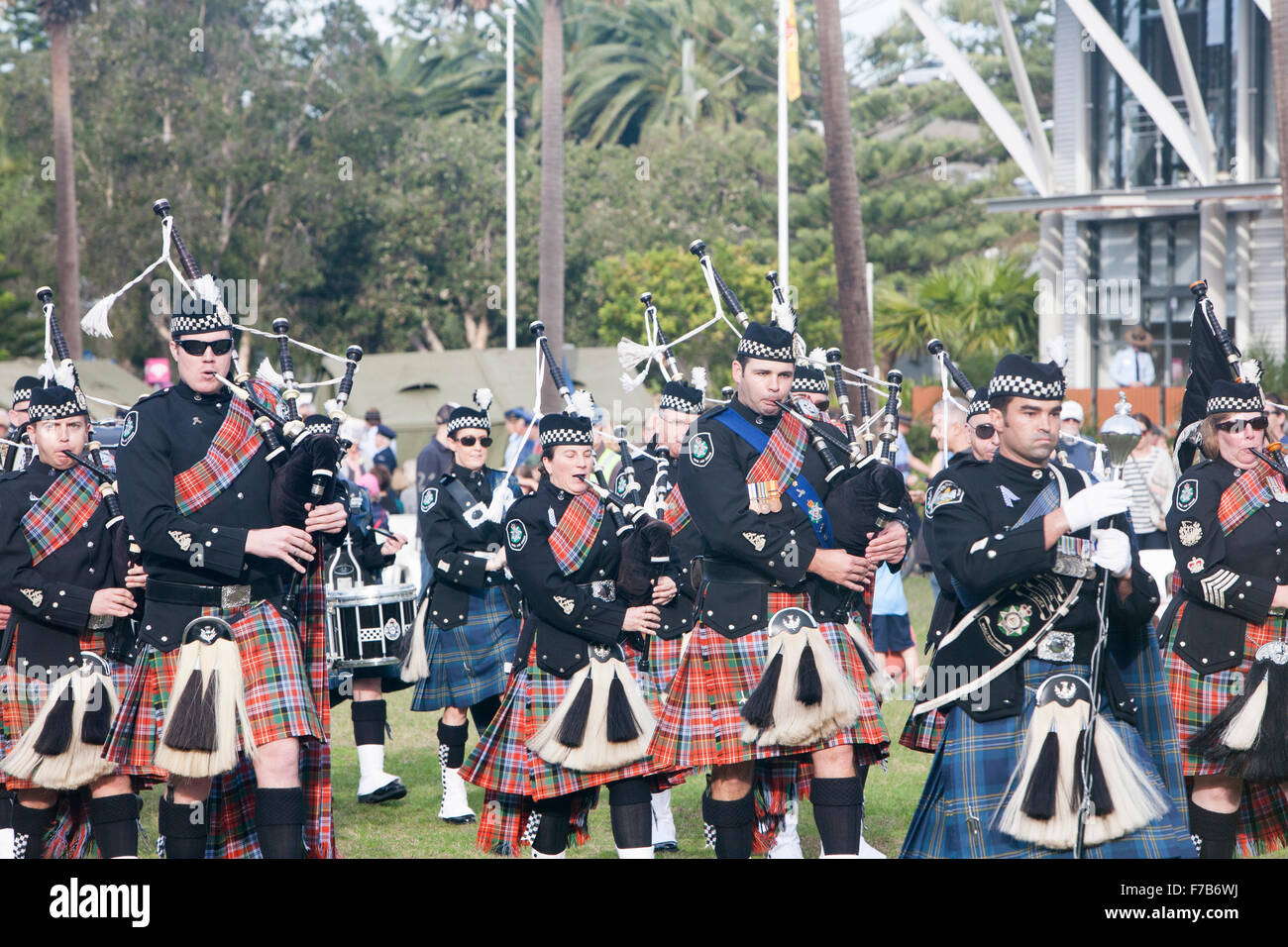 Australian federal police pipe band playing at a military tattoo in Avalon Beach, Sydney, Australia Stock Photo