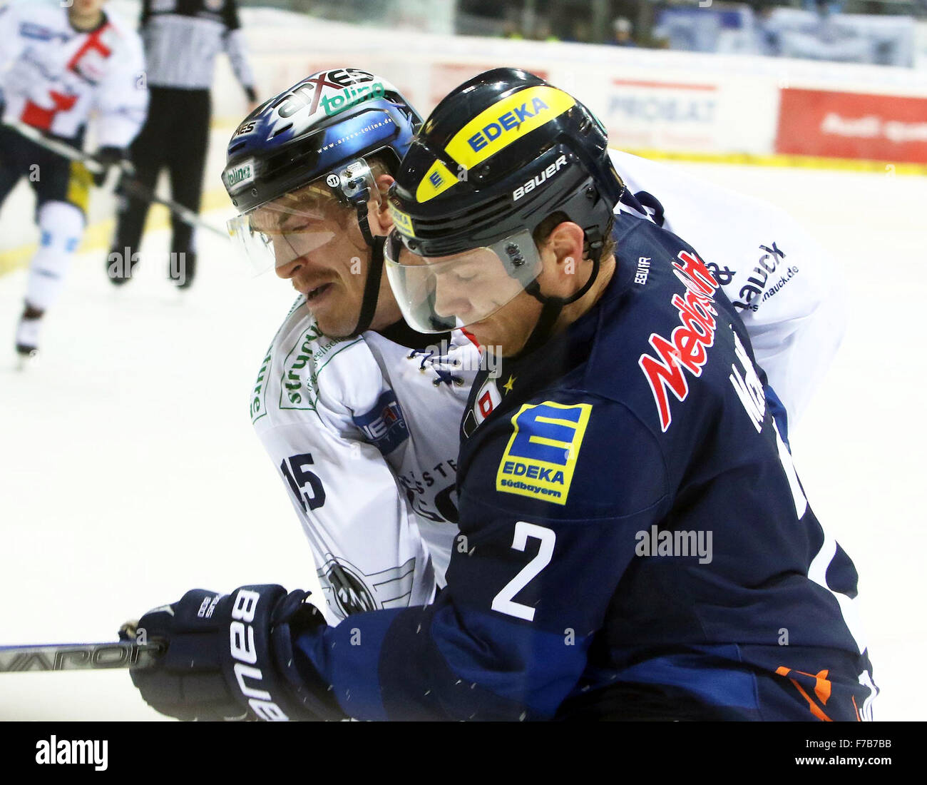 Ingolstadt, Bavaria, Germany. 27th Nov, 2015. from left T.J. MULOCK (Berlin/CAN), Patrick MCNEILL (Ingolstadt/CAN), .Ice Hockey German Eishockey League, matchday 21, ERC Ingolstadt vs Eisbaeren Berlin, Ingolstadt, Saturn-Arena, November 27th, 2015, the two former champions meet at the first match of the former AHL heacoach and new Ingolstadt headcoach Kurt Kleinendorst. © Wolfgang Fehrmann/ZUMA Wire/Alamy Live News Stock Photo