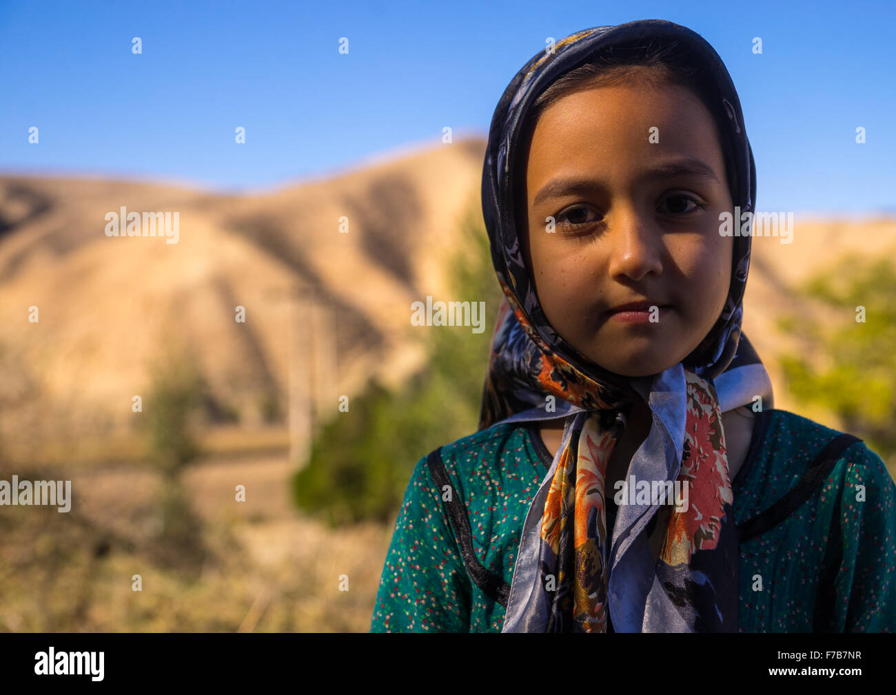 Turkmen Girl With Traditional Clothing, Golestan Province, Karim Ishan, Iran Stock Photo