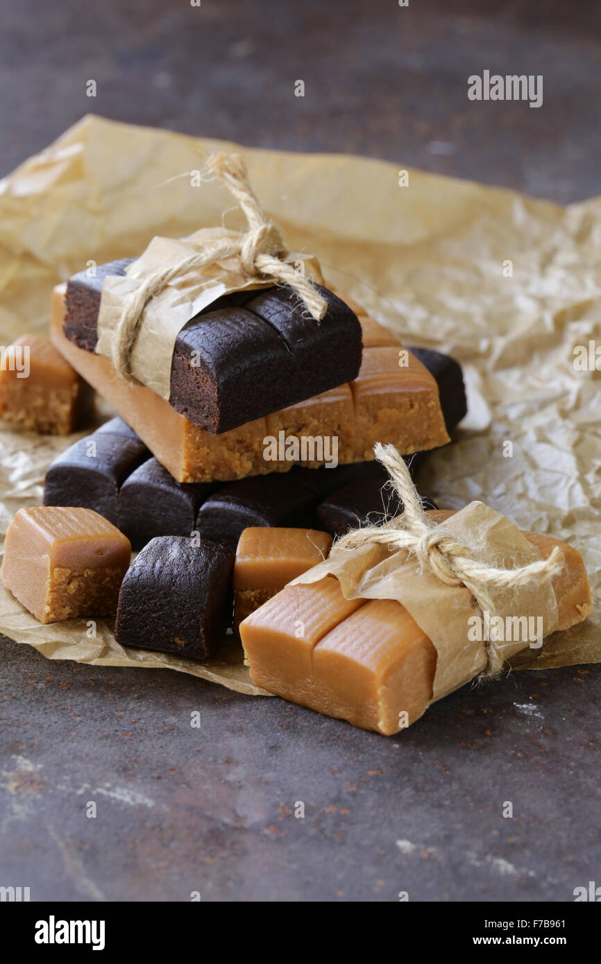 homemade dessert candy caramel and chocolate toffee Stock Photo