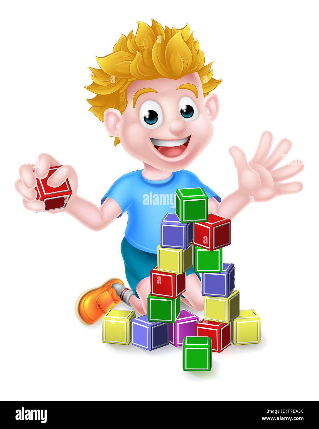 A happy cartoon boy child kid playing with building or learning blocks Stock Photo