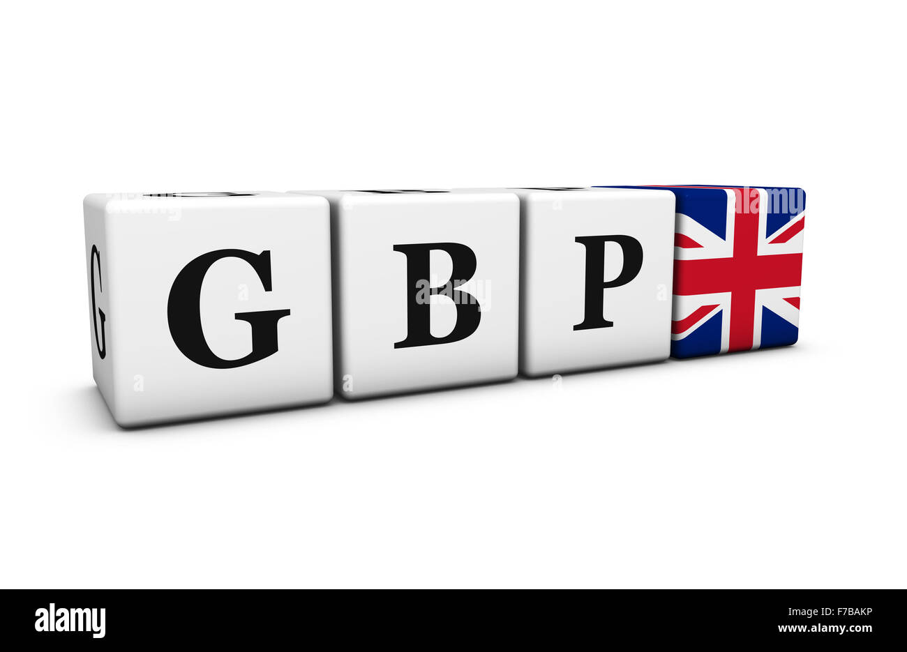 Currency rates, exchange market and financial stock concept with GBP British Pound code sign and United Kingdom flag on cubes. Stock Photo