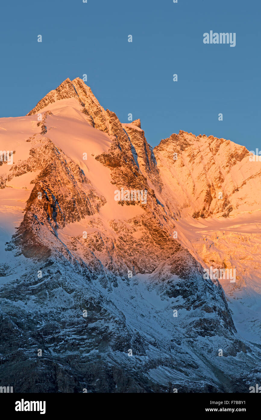 Summit of Mt. Grossglockner at sunrise, High Tauern National Park, Carinthia, Austria, Europe Stock Photo