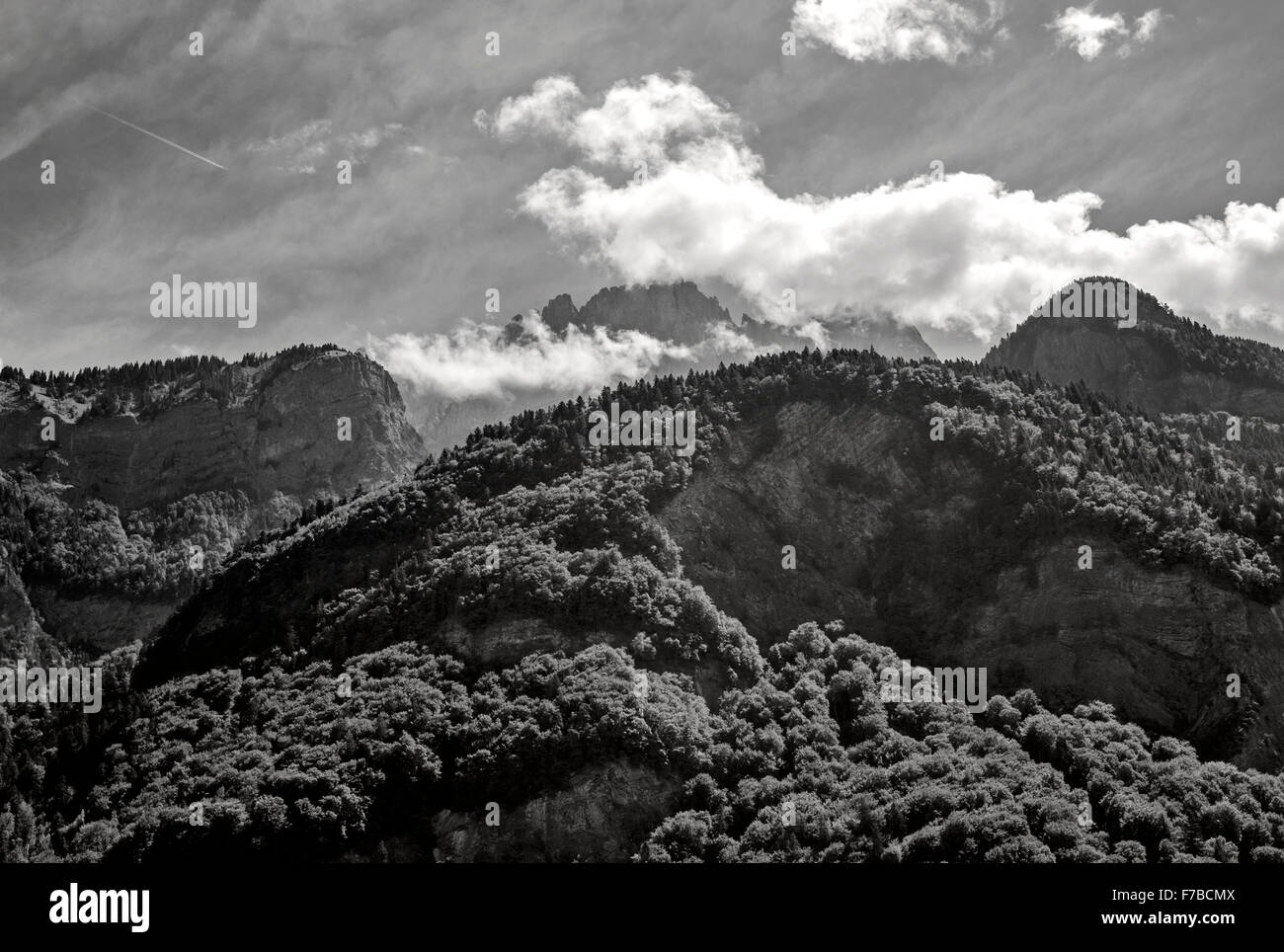 Mont Blanc Massif, France, Haute Savoie, Megeve grass and sky green ,no snow Stock Photo