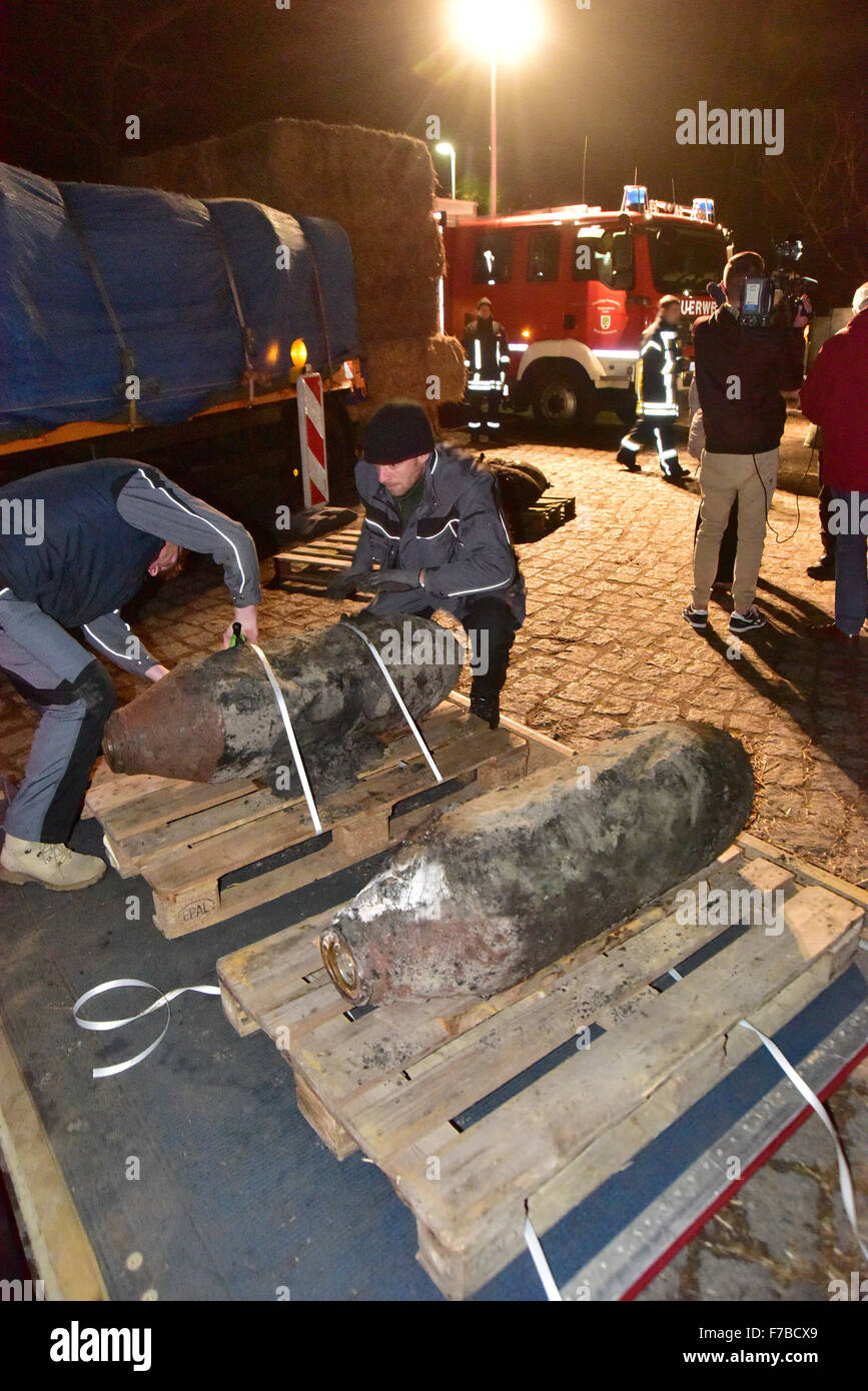 Two of the four defused American bombs from WW2 are prepared for removal in Oranienburg, Germany
