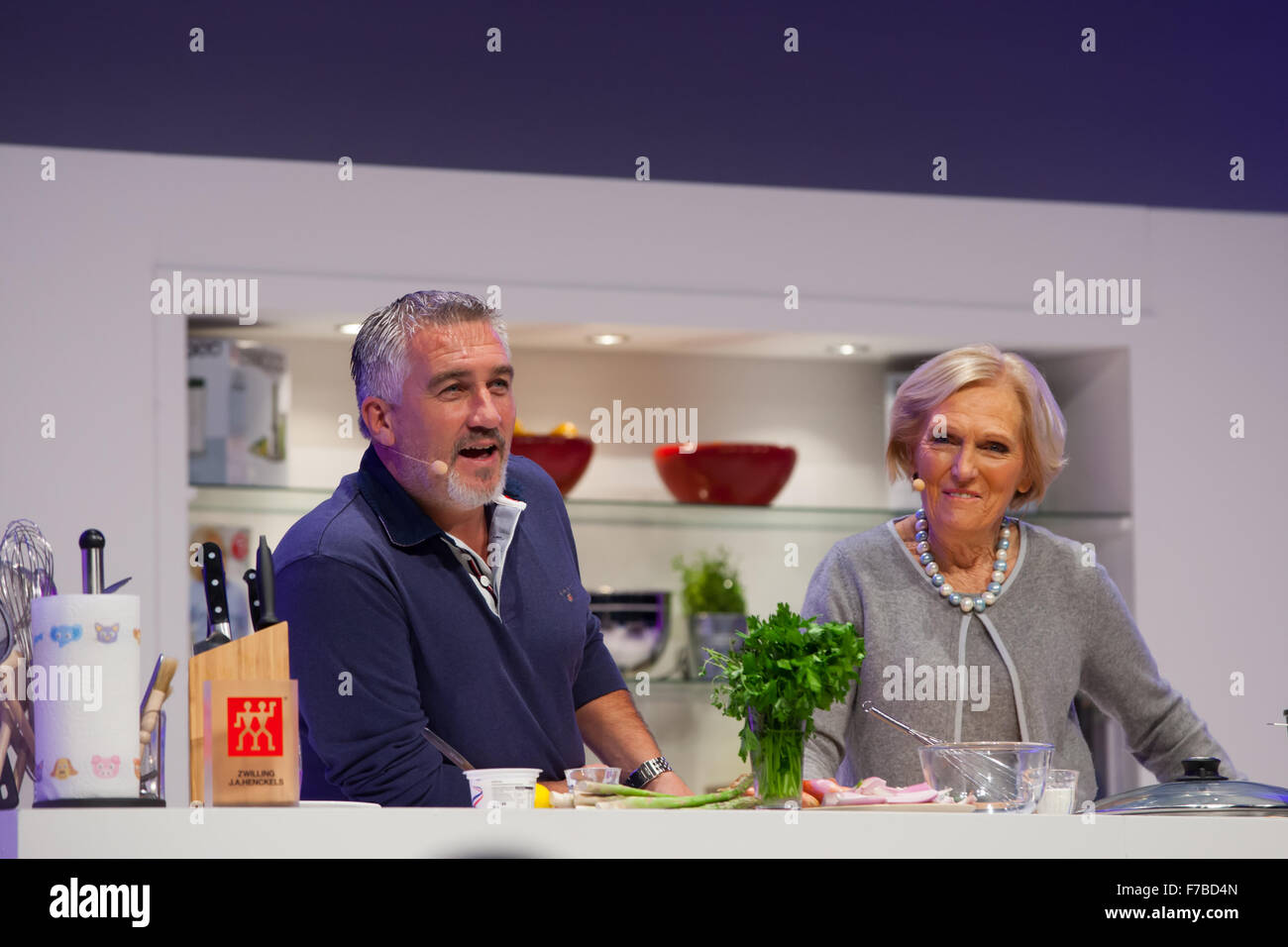 Birmingham, UK. 28th November, 2015. BBC Good Food Show Winter at Birmingham NEC. Mary Berry and Paul Hollywood in the Supertheatre showing off their cooking skills Credit:  steven roe/Alamy Live News Stock Photo