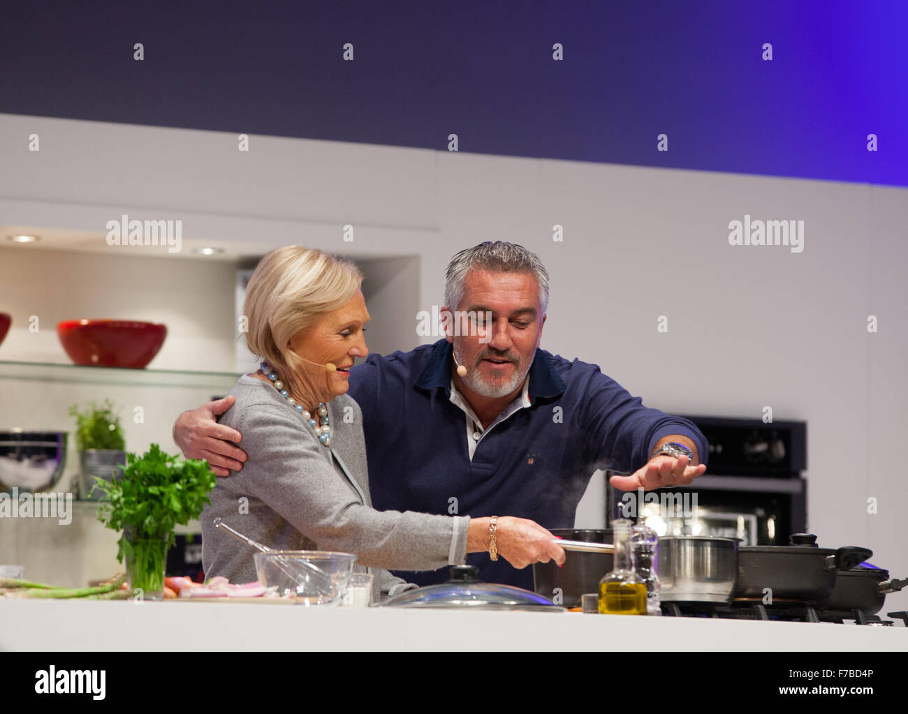 Birmingham, UK. 28th November, 2015. BBC Good Food Show Winter at Birmingham NEC. Mary Berry and Paul Hollywood in the Supertheatre showing off their cooking skills Credit:  steven roe/Alamy Live News Stock Photo