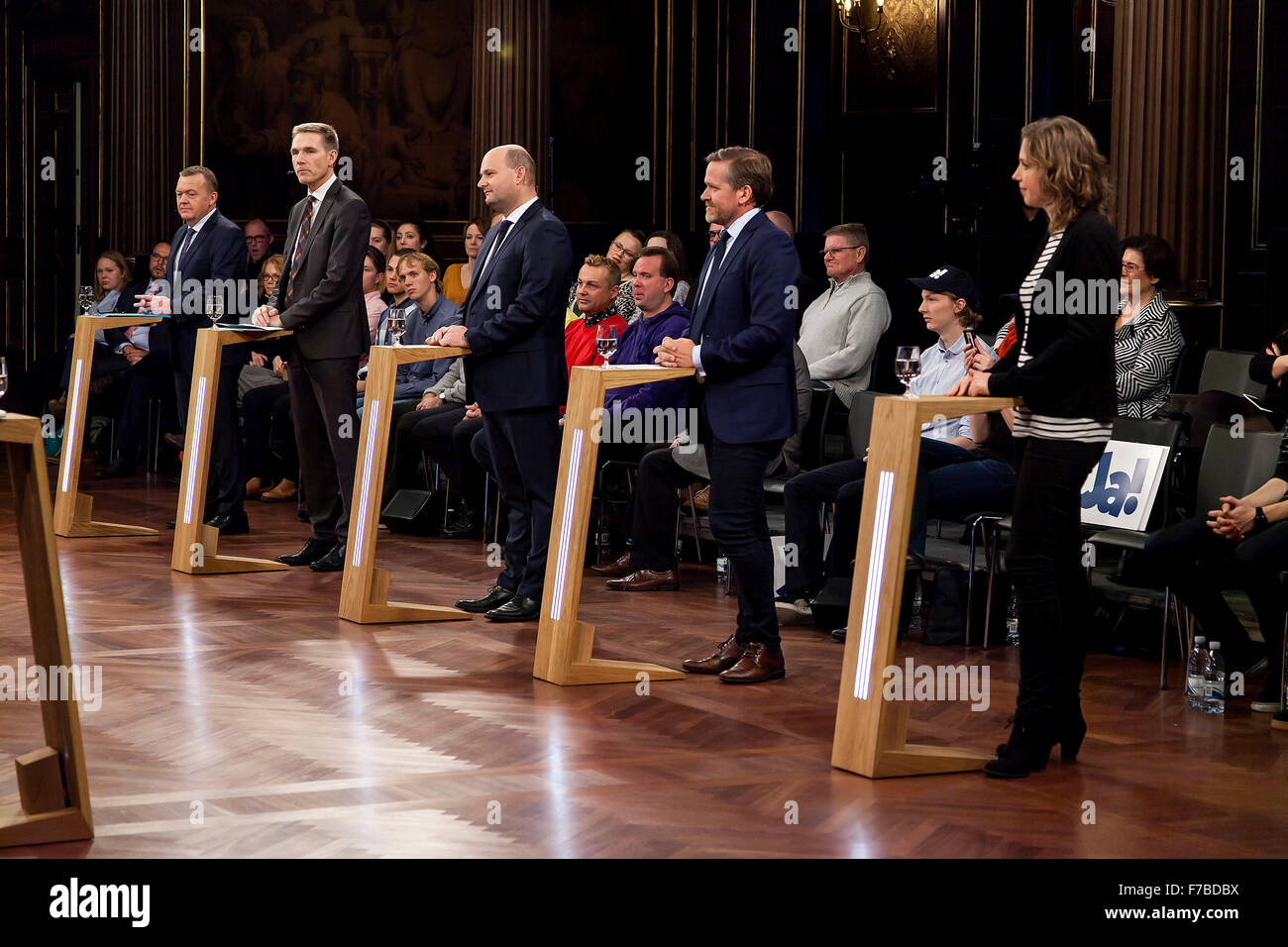 Copenhagen, Denmark, December 28th, 2015. Danish party leaders meets in a TV2 transmitted match-up in the old stock exchange, Børsen, prior to the December 3rd EU referendum, which will decide whether  the Danish opt-out on EU Justice and Home Affairs should be replaced by an opt-in model. Credit:  OJPHOTOS/Alamy Live News Stock Photo