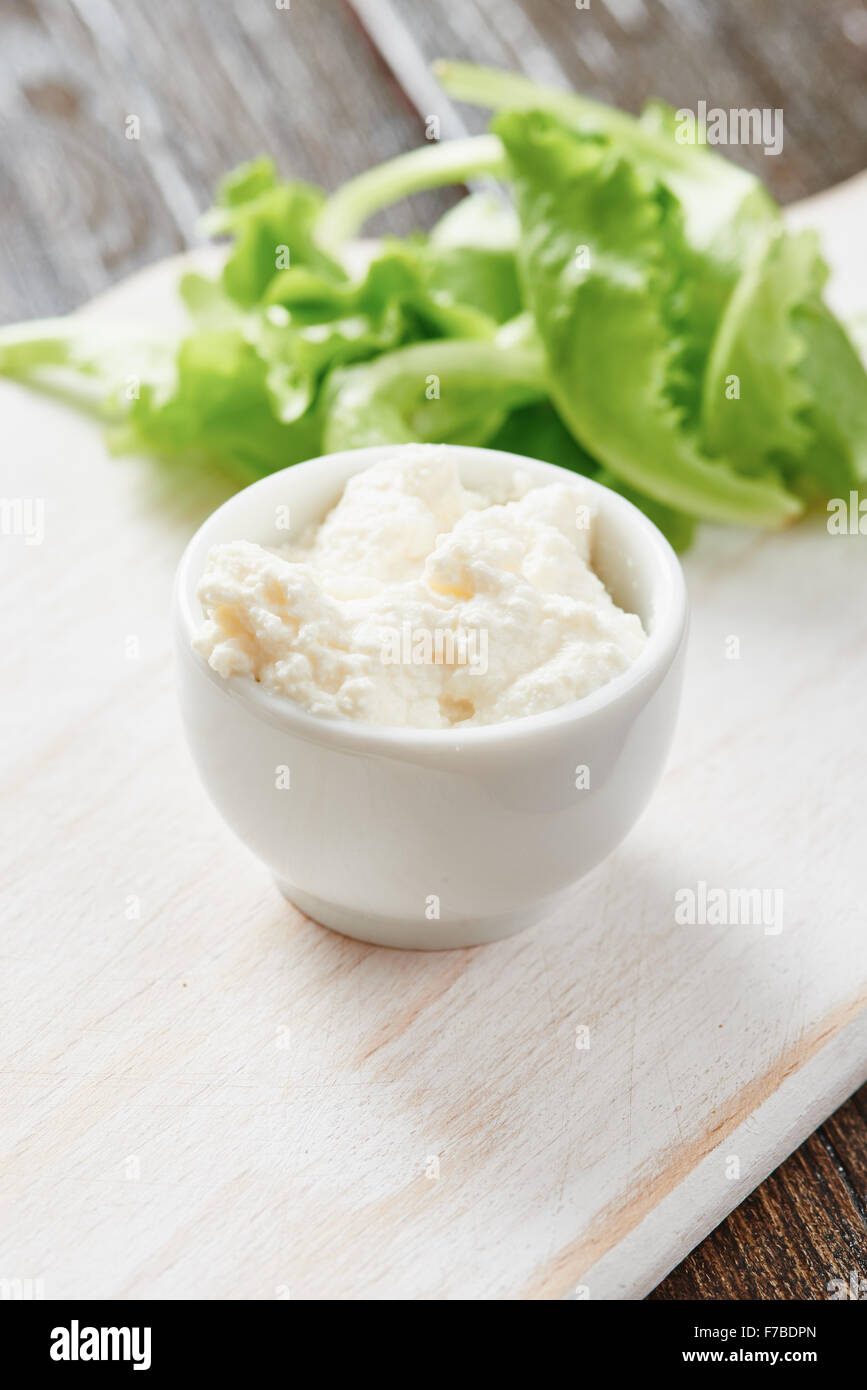 Close-up of Cottage cheese in  white bowls Stock Photo