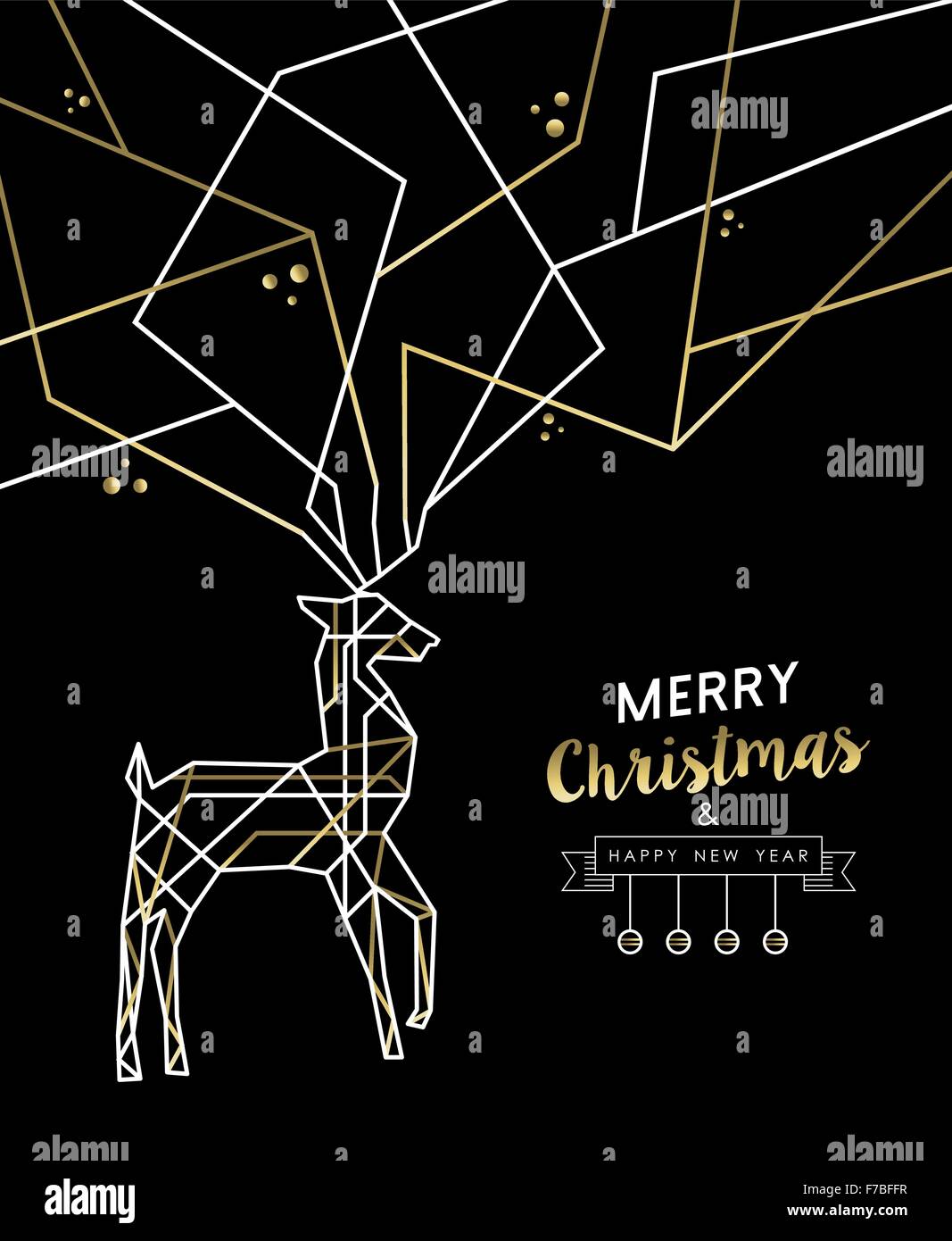 Merry Christmas Happy New Year gold and white deer outline art deco style antlers. Ideal for holiday greeting card, xmas poster Stock Vector