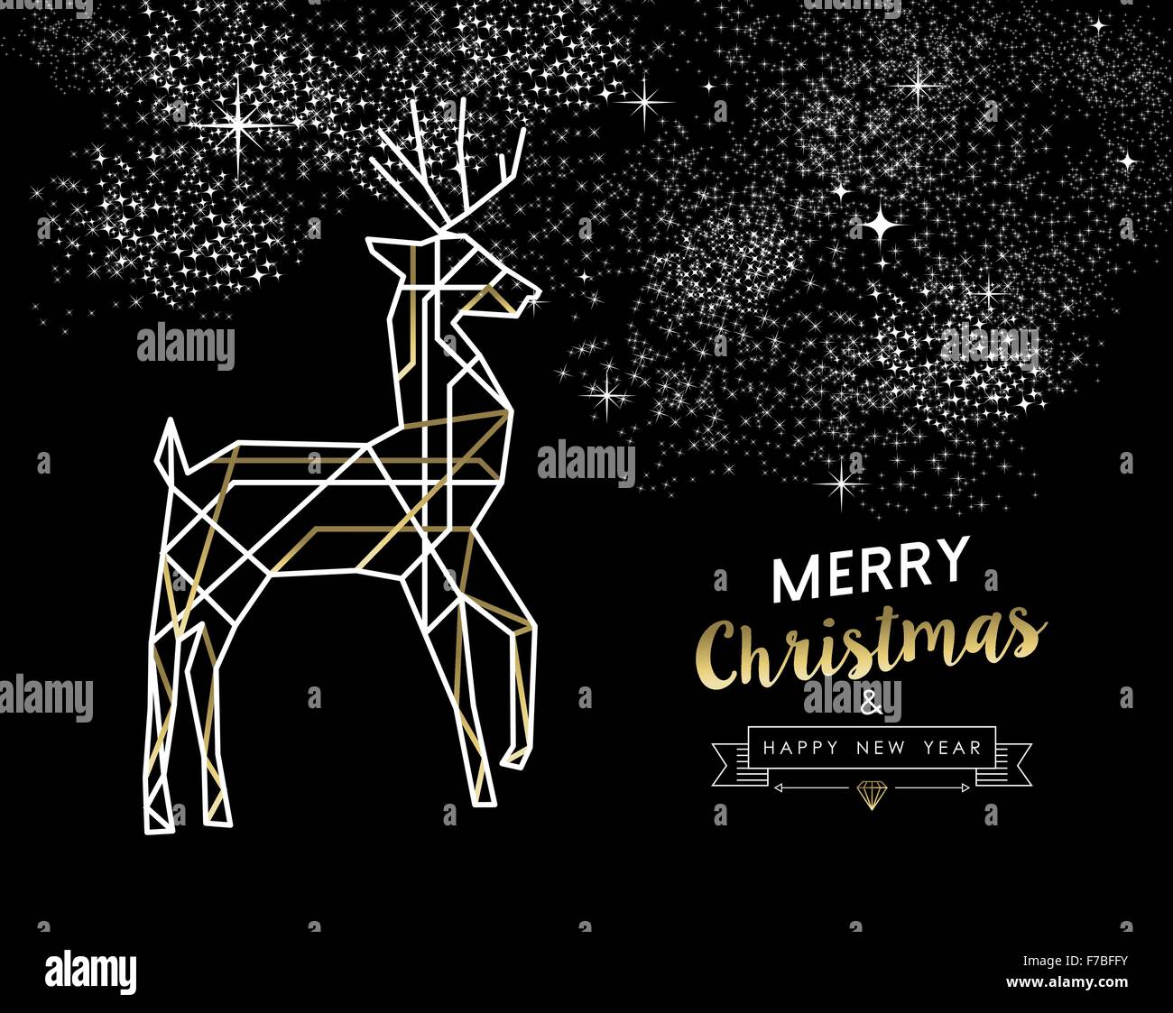 Merry Christmas Happy New Year gold and white deer in outline art deco style Ideal