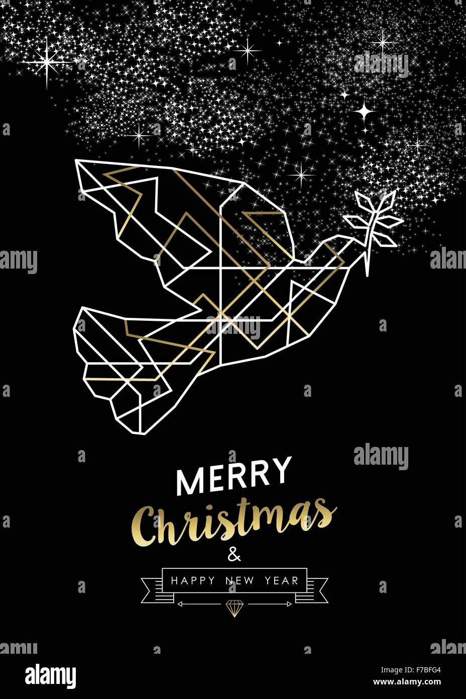 Merry Christmas Happy New Year peace dove in outline art deco geometry style, fancy gold and white design. Ideal for xmas Stock Vector