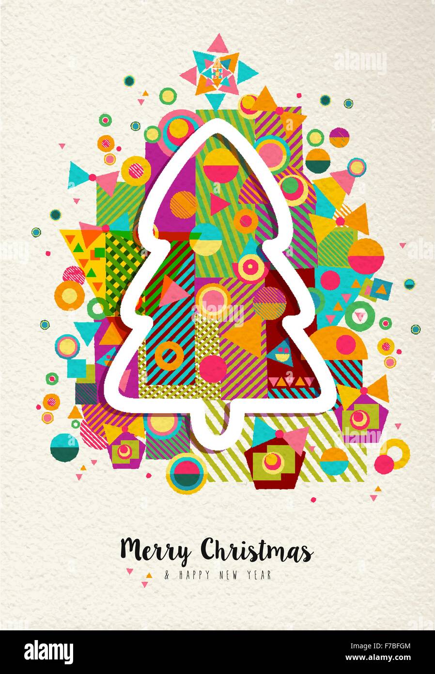 Merry Christmas Happy New Year design with colorful geometry fun shapes and xmas pine tree outline. Ideal for holiday season Stock Vector