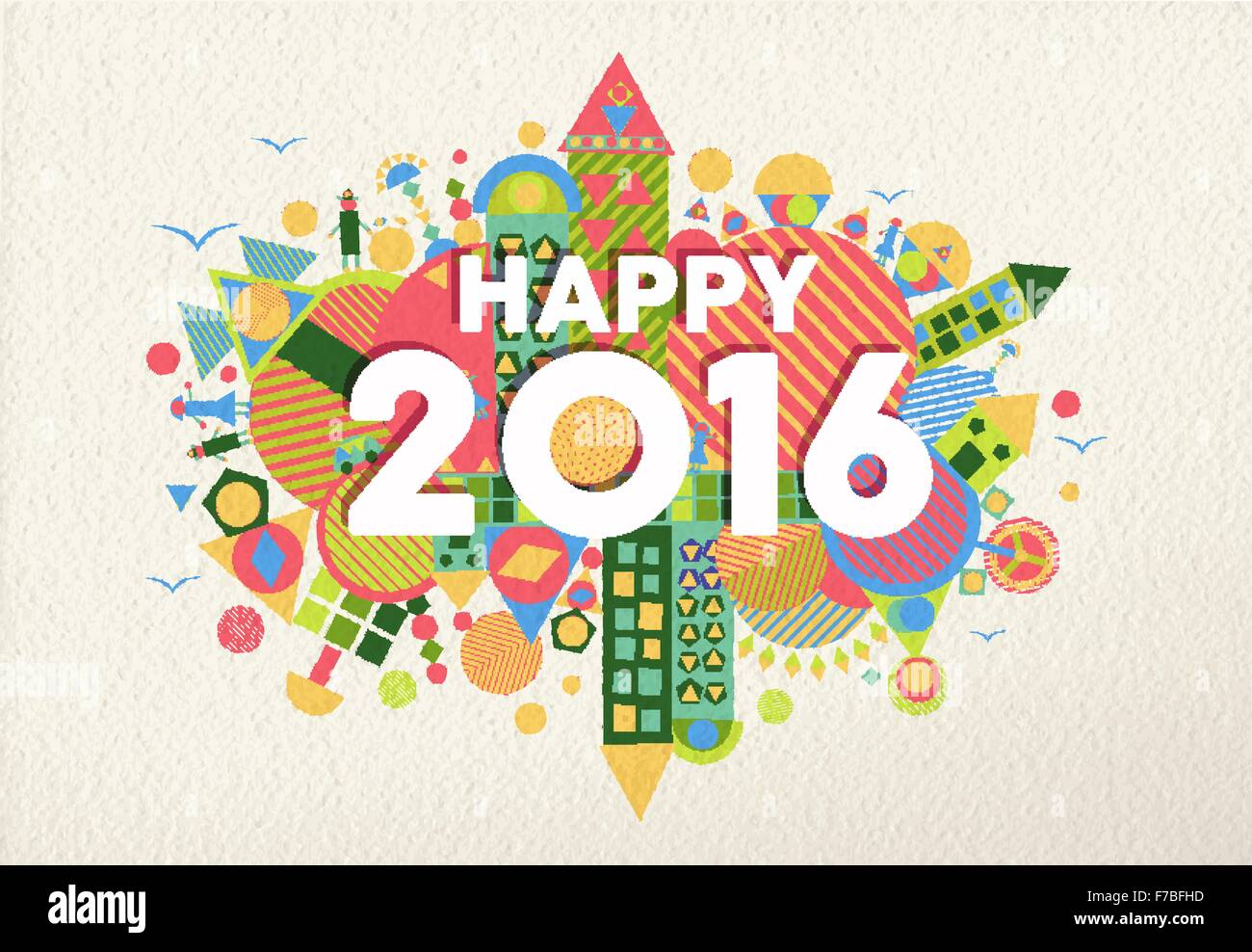 Happy New Year 2016 retro colorful design with fun geometry elements on paper texture background. Ideal for holiday card Stock Vector