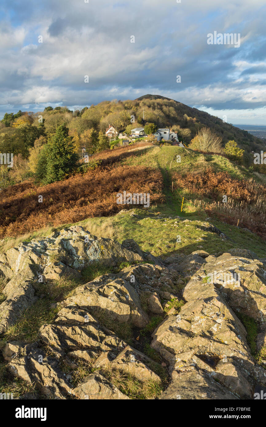 Wyche Cutting on the Malvern Hills is bathed in the golden light of sunset in Autumn from Perseverance Hill. Stock Photo