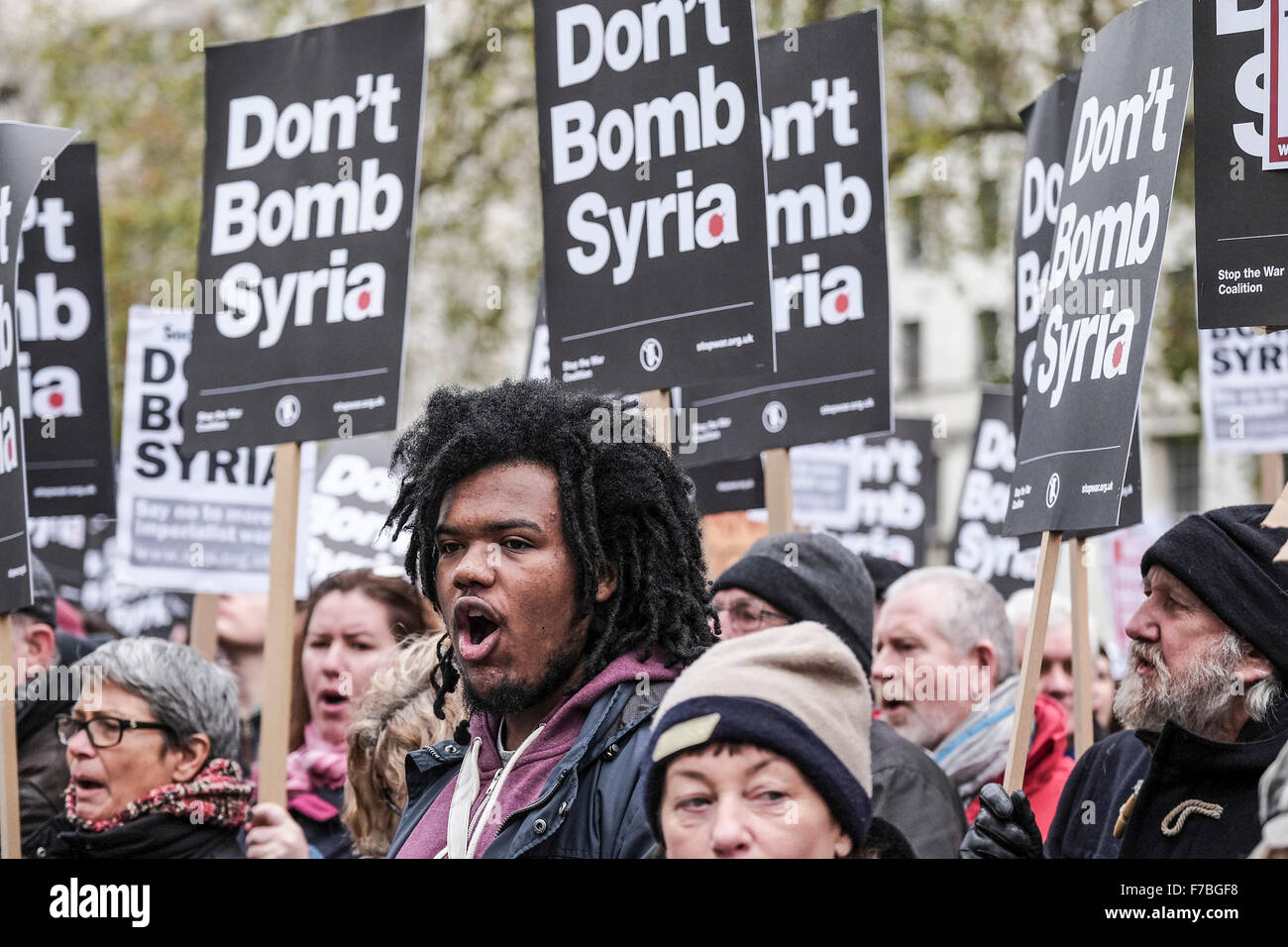 London, UK, 28th November, 2015.  Protesters vent their anger at a demonstration against the UK government proposal to commence bombing Syria.  Credit: Gordon Scammell/Alamy Live News Stock Photo