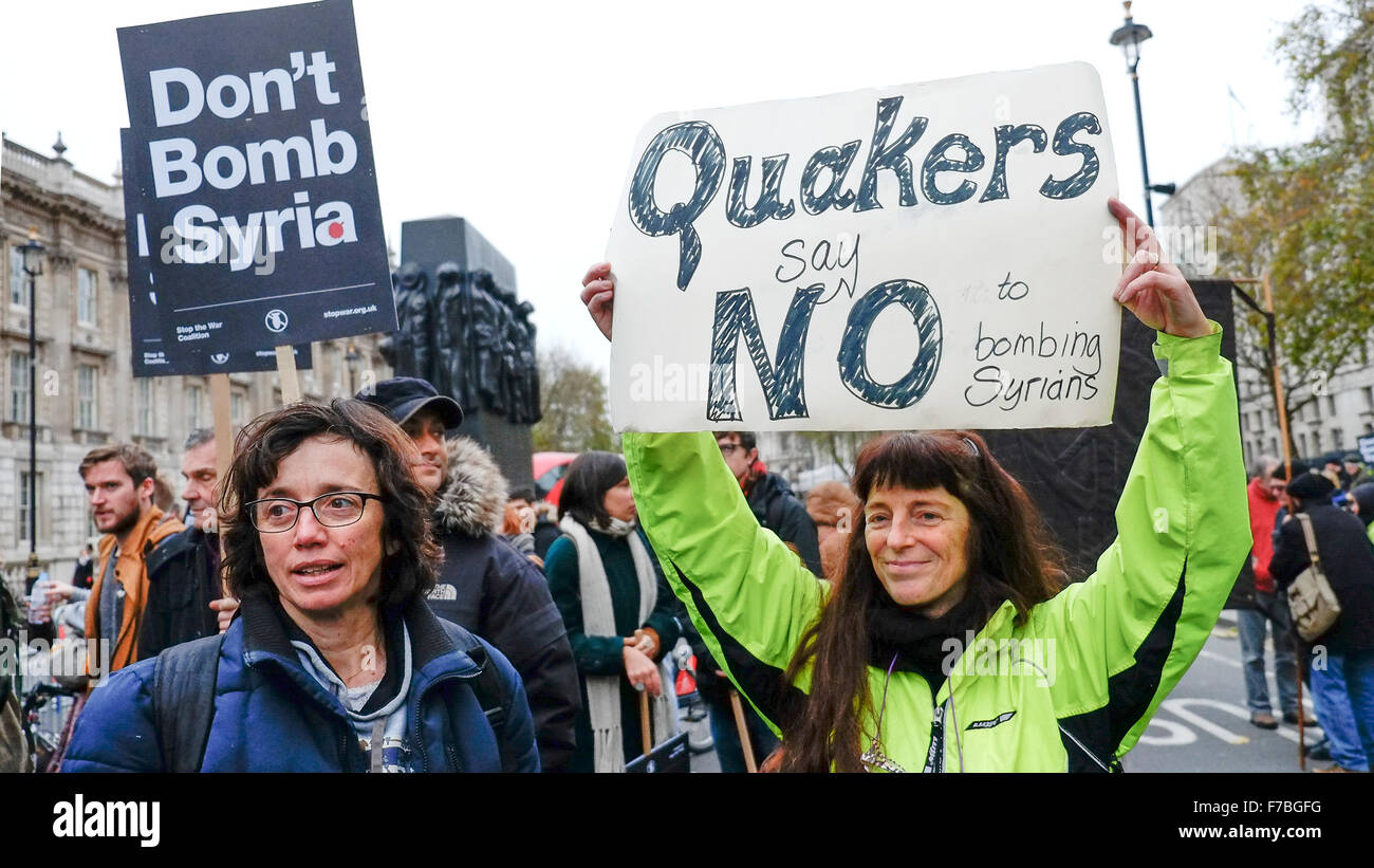 London, UK, 28th November, 2015.  Quakers join a large anti-bombing Syria demonstration opposite Downing Street.  Credit: Gordon Scammell/Alamy Live News Stock Photo