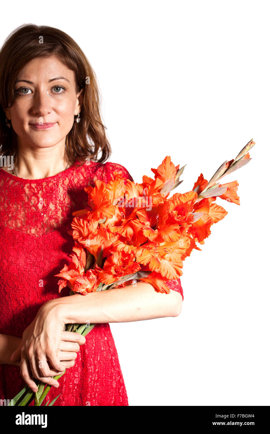 Portrait of smiling woman in red dress with flowers Stock Photo - Alamy