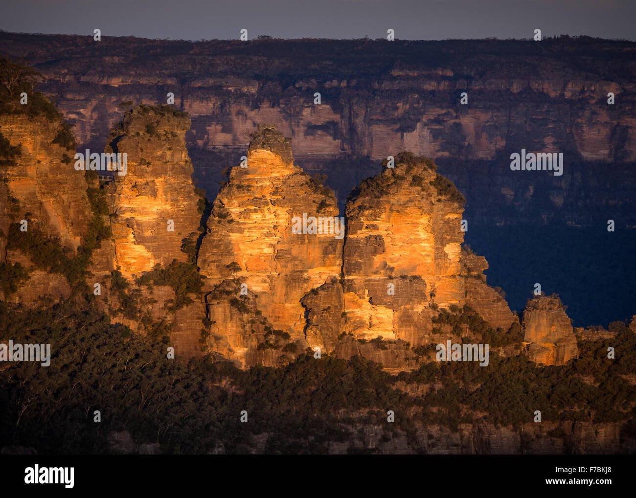 Three Sisters, at Katoomba, in the Blue Mountains, Australia. Captured at sunset. Stock Photo